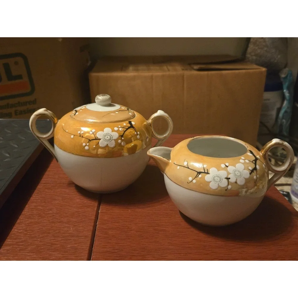 Vintage Lusterware Creamer and Sugar Bowl Set Orange Cherry Blossom Porcelain